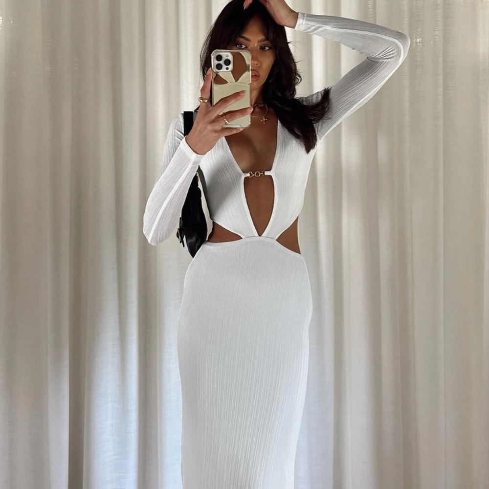 Princess Polly White Long Sleeve Cutout Ribbed Maxi Dress